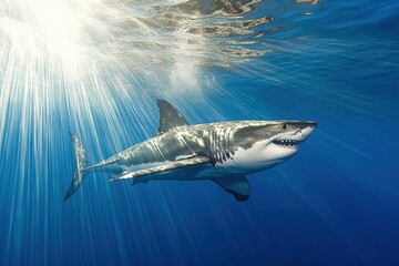 Fototapeta premium Great White Shark Underwater Profile A powerful great white shark