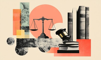 A collage depicting legal themes with scales of justice, a gavel, and law books.
