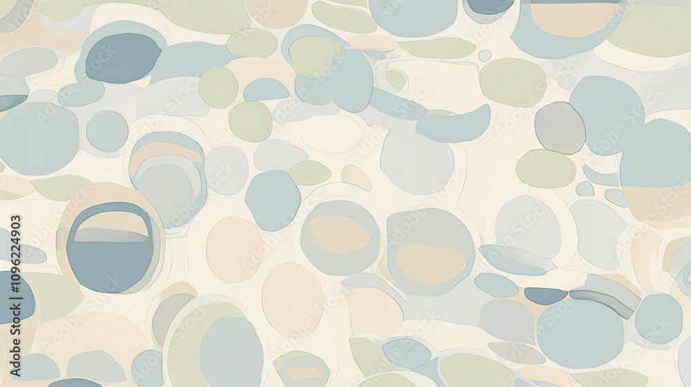 Wall mural abstract design featuring repetitive, rhythmic patterns of soft circles and lines in calming shades 