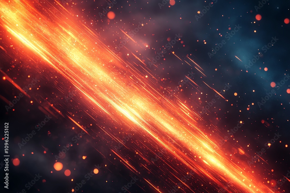 Poster A vibrant, fiery abstract design with glowing particles and dynamic movement in a dark background.