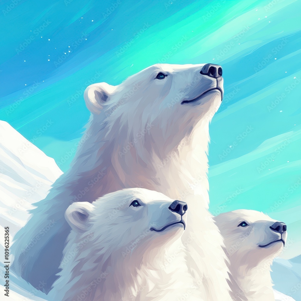 Wall mural Polar bear family gazing at the aurora borealis.