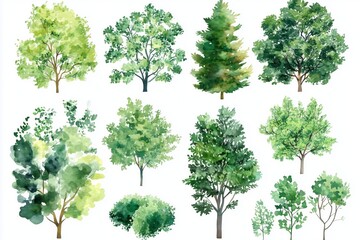 Obraz premium Various green trees, bushes and shrubs, top view for landscape design plan. Vector watercolor illustration, isolated on white background.