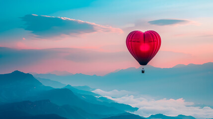 Fototapeta premium Red Balloon Heart with Pastel Sky: A beautiful red heart-shaped balloon against a blue and pink pastel sky with foggy mountains, evoking a romantic atmosphere.