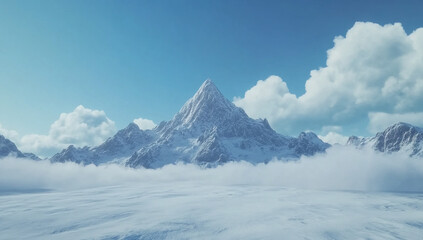Obraz premium Snowy mountain peak rises above a sea of clouds under a clear blue sky in a serene winter landscape