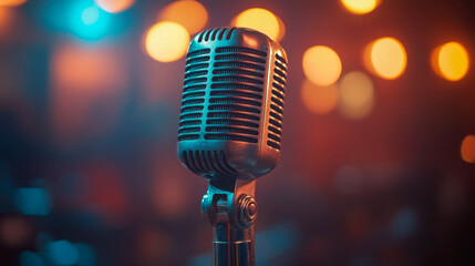 Vintage microphone on stage with warm ambient lighting in music venue
