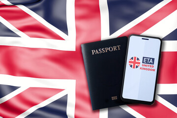 Close-up of a smartphone displaying ETA or Electronic Travel Authorization alongside a passport,...