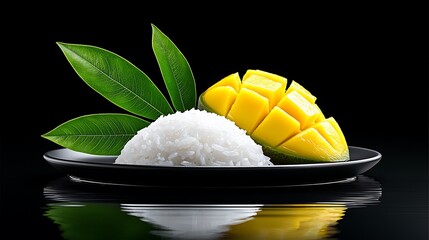 A plate of traditional, healthy, homemade Thai sticky rice served with fresh mango slices. The soft, glistening rice contrasts with the vibrant yellow mango, showcasing the purity and simplicity 