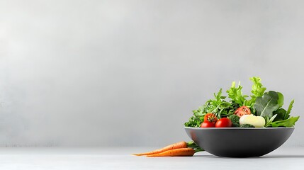 A vibrant plate of fresh, organic vegetables including leafy greens, carrots, and tomatoes, arranged neatly on a clean white plate. The vegetables are prepared in a minimalistic style with a 