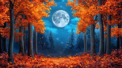 Fototapeta premium Enchanting Autumn Forest Under the Full Moon with Glowing Vibrant Leaves, Capturing Nature's Breathtaking Beauty in a Serene Night Atmosphere