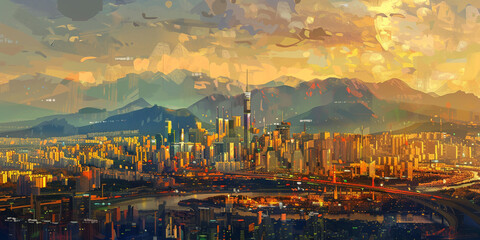 Scenic Cityscape with Mountains as a Backdrop
