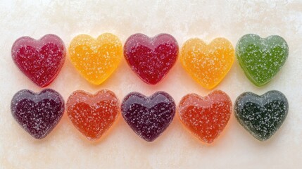 Fototapeta premium Heart-shaped gummy candies in a rainbow of colors arranged neatly, showcasing vibrant hues of red, yellow, green, and purple against a light backdrop.
