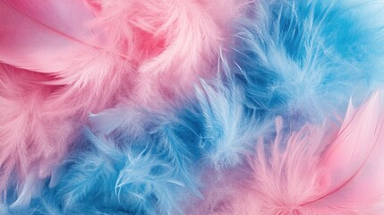 Soft pastel feathers in blue and pink shades arranged closely together, creating an abstract gentle aesthetic against a soft-focus white background.
