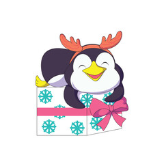 Fototapeta premium a penguin with a deer antler headband hugs a gift