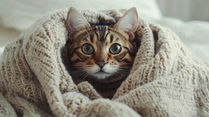 Bengal cat snuggled warmly in a soft, knitted beige sweater, featuring striking green eyes and a relaxed expression against a softly lit background.