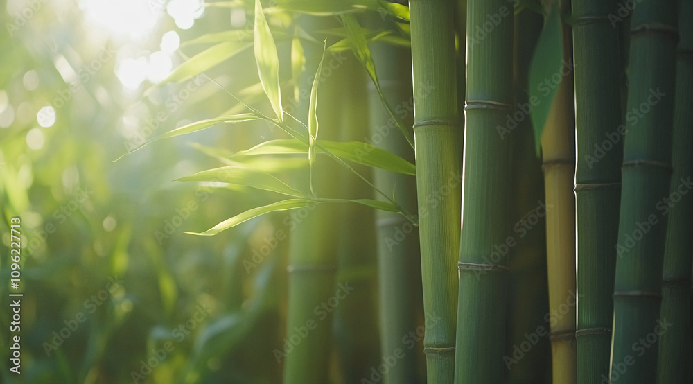 Poster bamboo grove illuminated by soft sunlight in a serene natural setting during early morning hours