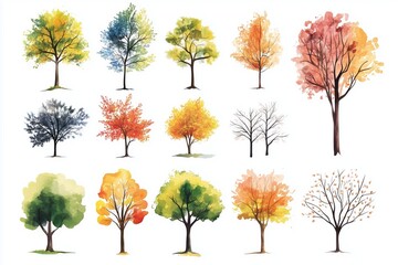 Fototapeta premium watercolor style illustration of various type of trees, summer and autumn collection set isolated on white background, Generative Ai 