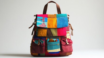 Colorful patchwork backpack showcasing multiple pockets and a stylish brown strap, ideal for school or everyday use, combining functionality with vibrant design elements.