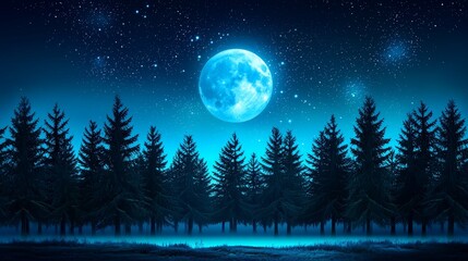 Fototapeta premium Enchanting Silhouettes of Tall Pine Trees Under the Serene Glow of a Bright Moon in a Starry Night Sky
