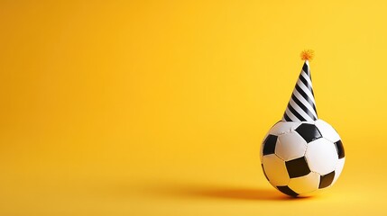 Cheerful birthday banner graphic showcasing a soccer ball topped with a striped party hat against a vibrant yellow backdrop, ideal for personalized text.