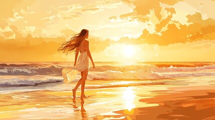 Fototapeta premium Serene Sunset Walk on the Beach with Gentle Waves and a Flowing Dress, Embracing the Golden Horizon and Tranquil Ocean Vibes