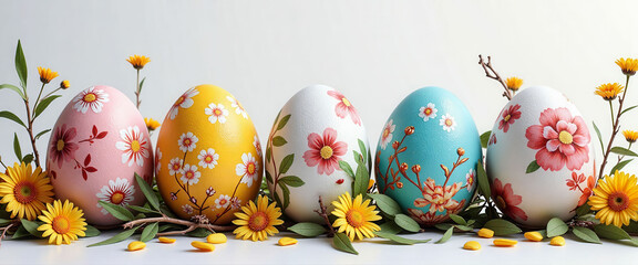 A row of eggs with flowers in between them. The eggs are in different colors and sizes, and the flowers are white. Concept of spring and new beginnings, as the eggs