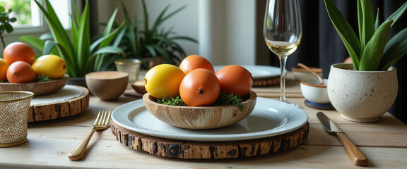 A table with a white plate and a wooden bowl with oranges and eggs on it. The table is set for a meal with a wine glass and a knife