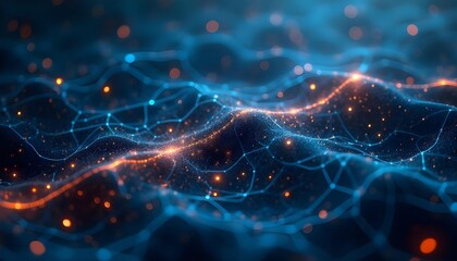 Naklejka premium A blue and orange network composed of interconnected nodes and lines, a digital landscape of global communication or data networks.