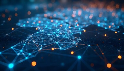 A blue and orange network composed of interconnected nodes and lines, a digital landscape of global communication or data networks.