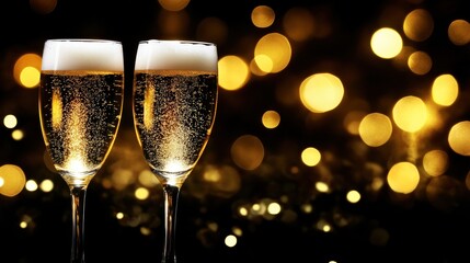 Celebrating with Two Glasses of Sparkling Champagne against a Golden Bokeh Background
