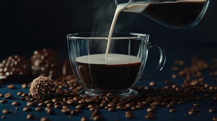 Coffee Appreciation Scene with Milk Pouring into Dark Coffee in a Glass Cup Surrounded by Coffee Beans and Chocolate Truffles on a Dark Blue Background