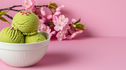Green ice cream in a bowl with pink flowers.