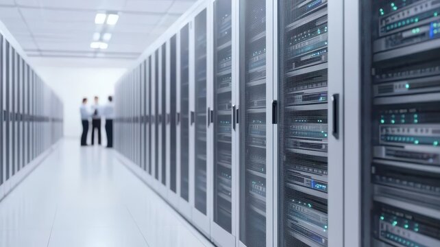 Team of IT professionals consolidating servers to reduce maintenance costs and energy usage   server consolidation, cost savings