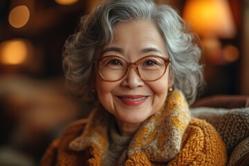 Portrait of a smiling elderly Asian woman wearing glasses and a yellow sweater. A heartwarming image capturing the beauty and serenity of aging.