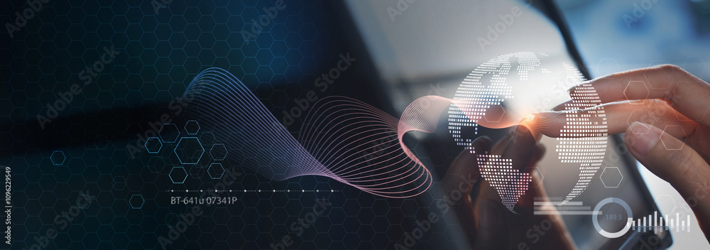 Poster abstract technology background, internet global network connection, digital transformation concept. 