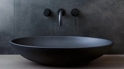 Sleek black basin with minimalist design paired with modern faucet, set against dark textured wall in an elegant bathroom aesthetic.