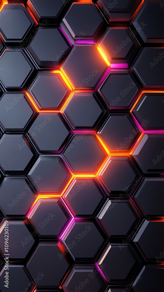 Aufkleber a futuristic hexagonal pattern illuminated with vibrant orange and pink lights.
