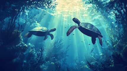 Underwater Serenity: Two Sea Turtles Gracefully Swimming Through Lush Marine Life with Sunlight Filtering Through the Calm Ocean Waters