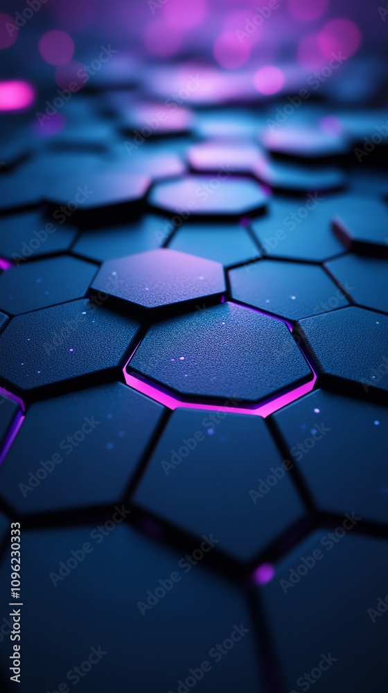 Poster A close-up view of hexagonal patterns illuminated with purple and blue lighting.