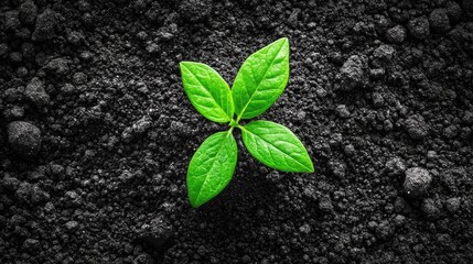 Close-up view of a vibrant green tree sprout with four leaves breaking through rich dark soil, representing new life and growth in a natural environment.