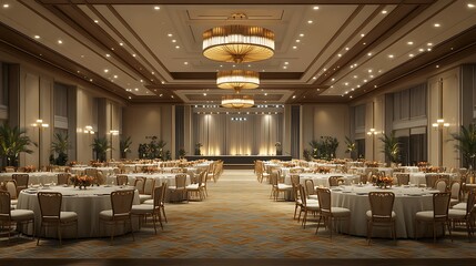Elegant dining event setup grand hall interior design luxurious ambiance wide angle view