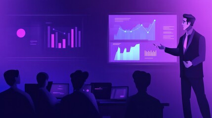 A business presentation with charts and graphs, illustrating data analysis.