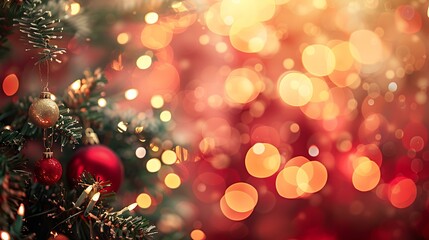 A festive red background with an illuminated Christmas tree in the foreground, complemented by elegant bokeh light patterns and a soft gradient glow for a magical holiday feel