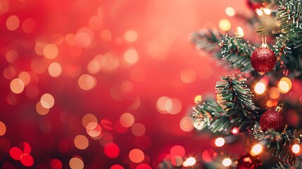 A festive red background with an illuminated Christmas tree in the foreground, complemented by elegant bokeh light patterns and a soft gradient glow for a magical holiday feel