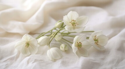 Fototapeta premium A stunning arrangement of delicate white flowers with green buds delicately draped on a soft, textured white fabric background, creating a serene and peaceful atmosphere.
