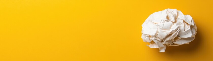 A crumpled piece of paper with rubber bands, positioned on a vibrant yellow background, creating a dynamic visual contrast.