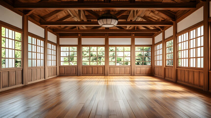 Karate dojo with traditional wood accents, ideal for practice