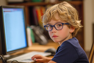 Young Boy with Glasses Learning on Computer in Home Environment, Focused and Engaged in Digital Education