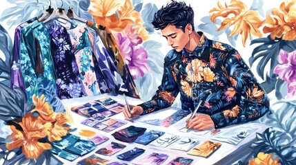Fototapeta premium A designer sketches floral patterns while surrounded by vibrant fabrics and artwork.