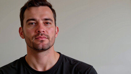 Obraz premium Serious man looking forward in black shirt indoors.