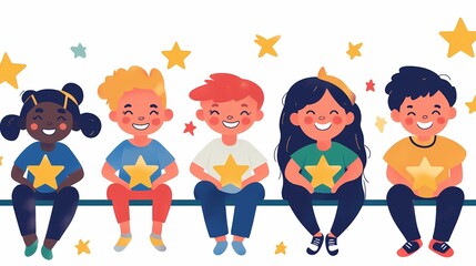 Naklejka premium Group of Happy Children Sitting Together, Holding Stars, Illustrating Friendship, Joy, and Diversity in a Colorful and Playful Style for Kids’ Artwork and Designs